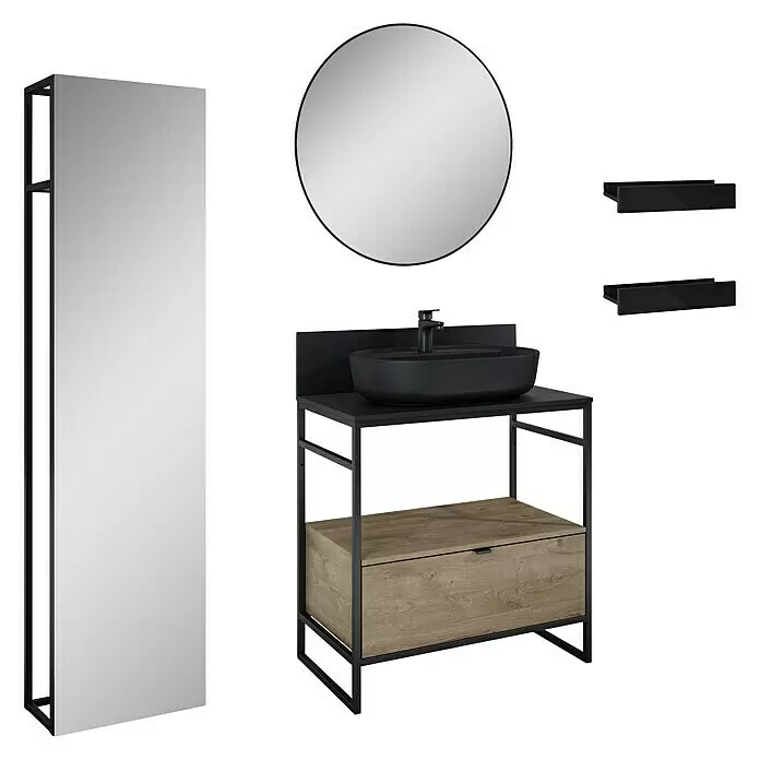 Inspira Badmöbel-Set BI5 - Gesamtbreite Badmöbel: 80 cm, Black/Canela Oak, Matt, 10 -tlg. - Diagonale Ansicht