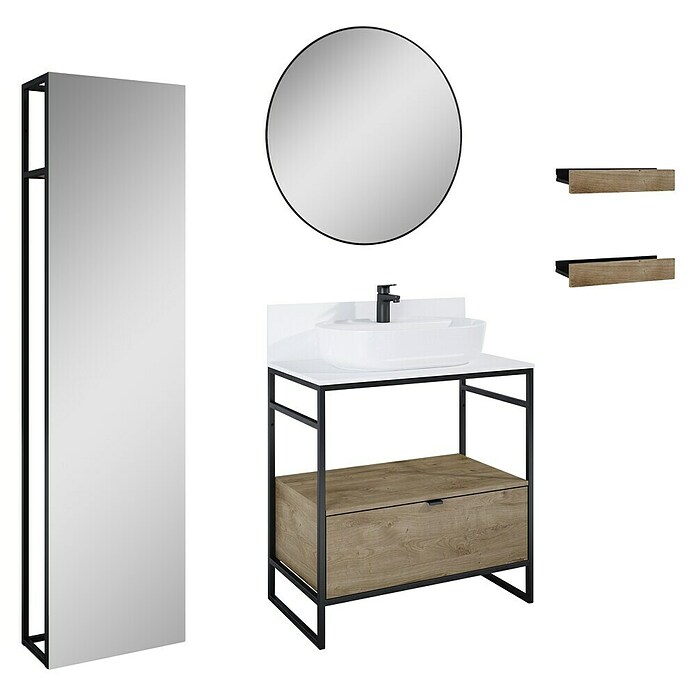 Inspira Badmöbel-Set BI7 (Gesamtbreite Badmöbel: 80 cm, White/Canela Oak/Black, Matt, 10 -tlg.) | BAUHAUS