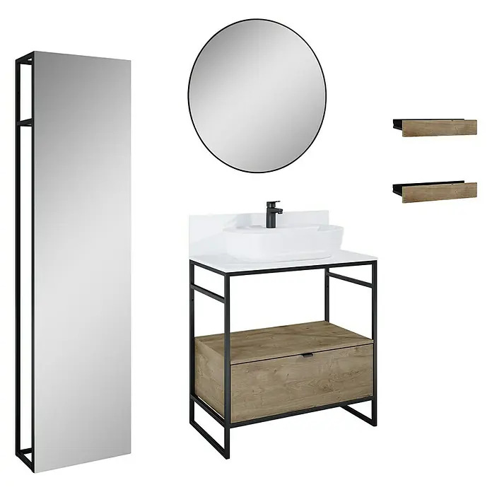 Inspira Badmöbel-Set BI7 - Gesamtbreite Badmöbel: 80 cm, White/Canela Oak/Black, Matt, 10 -tlg. - Ein stilvolles Badezimmer-Set mit einem Waschtisch mit Schublade, einem runden Spiegel, einem Hochschrank und zwei Regalen.