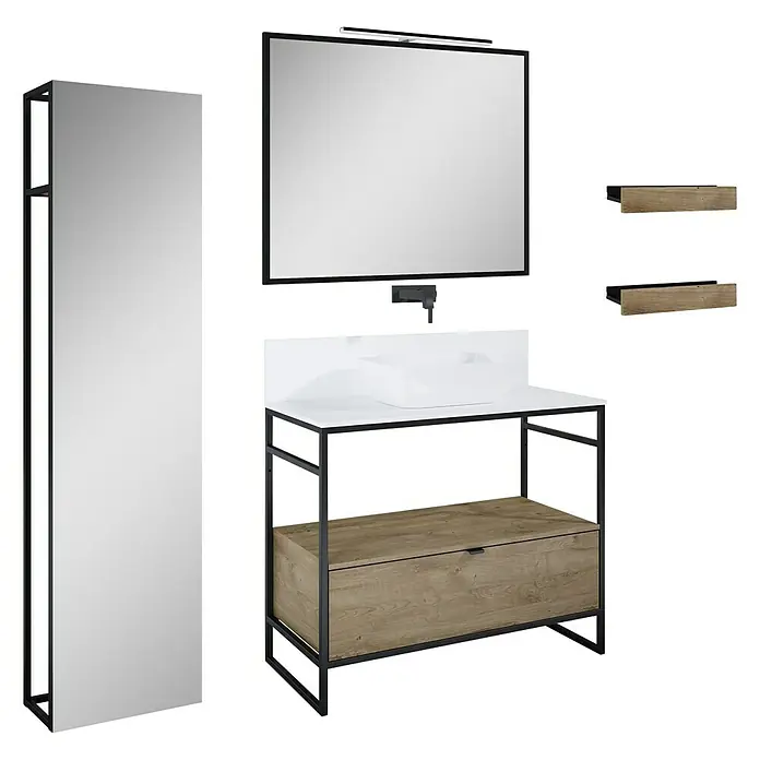 Inspira Badmöbel-Set BJ1 - Gesamtbreite Badmöbel: 100 cm, White/Canela Oak/Black, Matt, 10 -tlg. - Das Bild zeigt ein Badezimmer-Set mit Waschtisch, Spiegel und Regalen im modernen Design mit Holz- und Metallelementen.