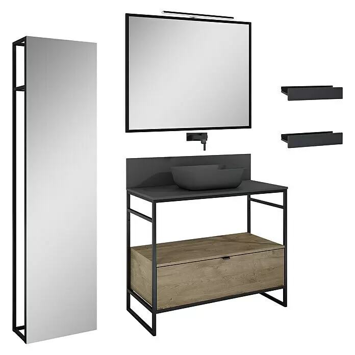 Inspira Badmöbel-Set BJ2 - Gesamtbreite Badmöbel: 100 cm, Anthracite/Canela Oak/Black, Matt, 10 -tlg. - Diagonale Ansicht