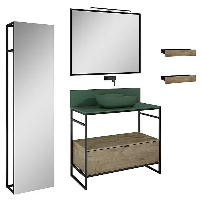 Inspira Badmöbel-Set BJ3 - Gesamtbreite Badmöbel: 100 cm, Forest Green/Canela Oak/Black, Matt, 10 -tlg. - Diagonale Ansicht