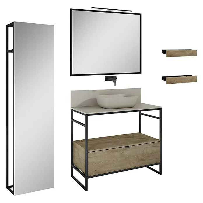 Inspira Badmöbel-Set BJ4 - Gesamtbreite Badmöbel: 100 cm, Fume/Canela Oak/Black, Matt, 10 -tlg. - Badezimmer-Set mit Waschtisch, Spiegel und Regalen. Das Set besticht durch sein modernes Design in Holz- und Metalloptik.