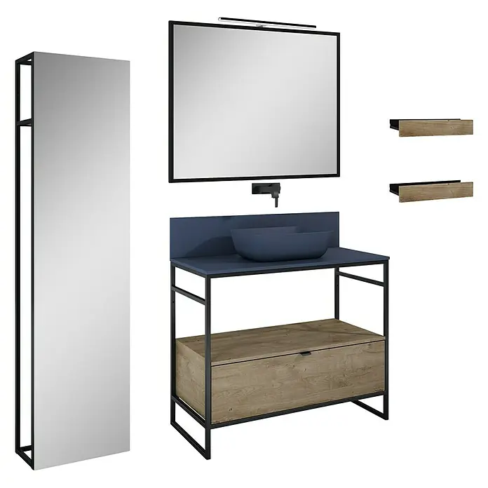 Inspira Badmöbel-Set BJ5 - Gesamtbreite Badmöbel: 100 cm, Navy Blue/Canela Oak/Black, Matt, 10 -tlg. - Das Bild zeigt ein modernes Badezimmer-Set mit Waschtisch, Spiegel und Regalen. Das Ensemble besticht durch sein minimalistisches Design.