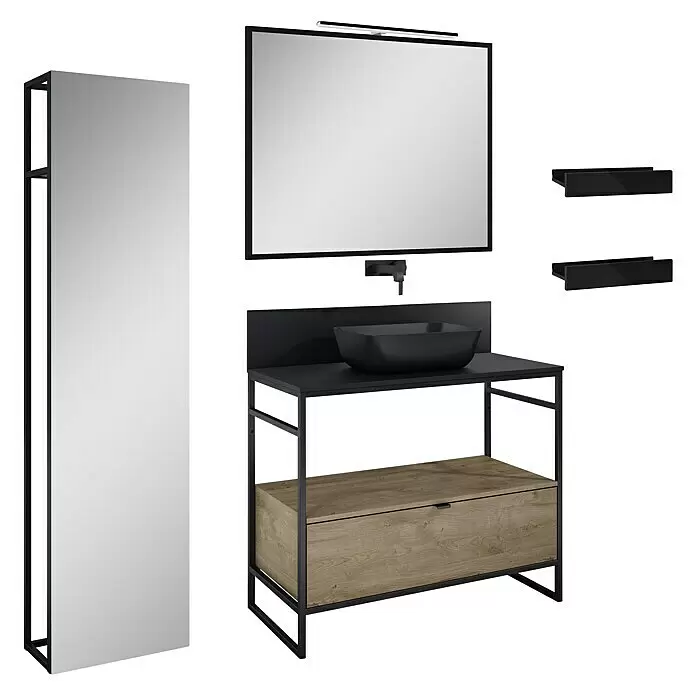 Inspira Badmöbel-Set BJ6 - Gesamtbreite Badmöbel: 100 cm, Black/Canela Oak, Matt, 10 -tlg. - Diagonale Ansicht