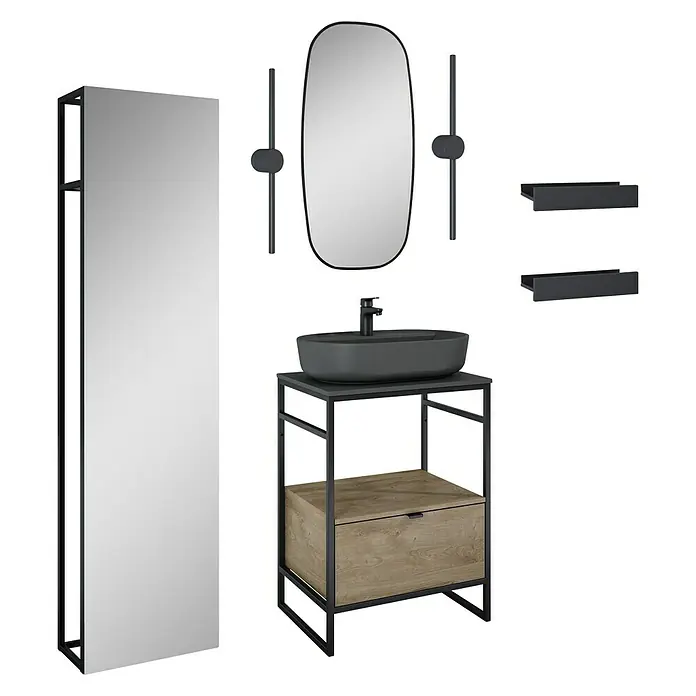 Inspira Badmöbel-Set BK2 - Gesamtbreite Badmöbel: 62 cm, Anthracite/Canela Oak/Black, Matt, 11 -tlg. - Elegantes Badezimmer-Set mit Waschtischunterschrank, Spiegel und Ablagen. Das moderne Designelement für jedes Badezimmer.