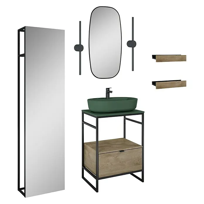 Inspira Badmöbel-Set BK3 - Gesamtbreite Badmöbel: 62 cm, Forest Green/Canela Oak/Black, Matt, 11 -tlg. - Badezimmer-Set mit Spiegel, Waschtisch mit grünem Becken und Holzregalen. Modernes Design für stilvolle Badezimmer.