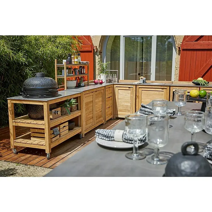 Sunfun Zoe Outdoorküchen-Modul Kamado - Braun, B x T x H: 120 x 71,5 x 89 cm, Teakholz - Ein vielseitiger, modularer Außenküchenbereich mit einem Kamado-Grill und stilvollen Aufbewahrungslösungen für ein kulinarisches Erlebnis im Freien.