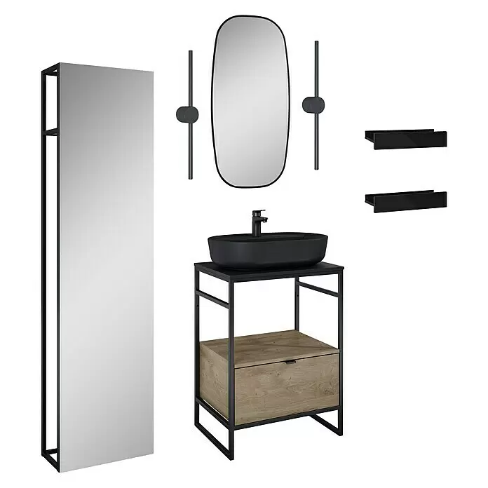 Inspira Badmöbel-Set BK6 - Gesamtbreite Badmöbel: 62 cm, Black/Canela Oak, Matt, 11 -tlg. - Diagonale Ansicht