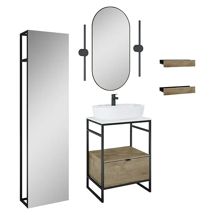 Inspira Badmöbel-Set BL1 - Gesamtbreite Badmöbel: 62 cm, White/Canela Oak/Black, Matt, 11 -tlg. - Badezimmer-Ensemble mit Waschbeckenunterschrank, Spiegel und Regalen im modernen Design. Das Set bietet eine stilvolle Einrichtung für jedes Badezimmer.