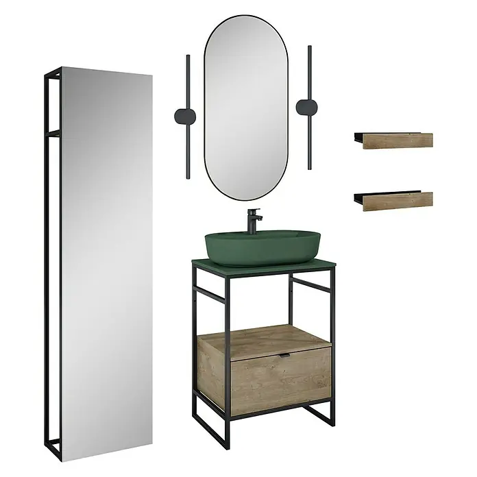 Inspira Badmöbel-Set BL3 - Gesamtbreite Badmöbel: 62 cm, Forest Green/Canela Oak/Black, Matt, 11 -tlg. - Ein Badezimmer-Set mit einem Waschbeckenunterschrank mit Schublade, einem Spiegel, einem Spiegelschrank und zwei Regalen.