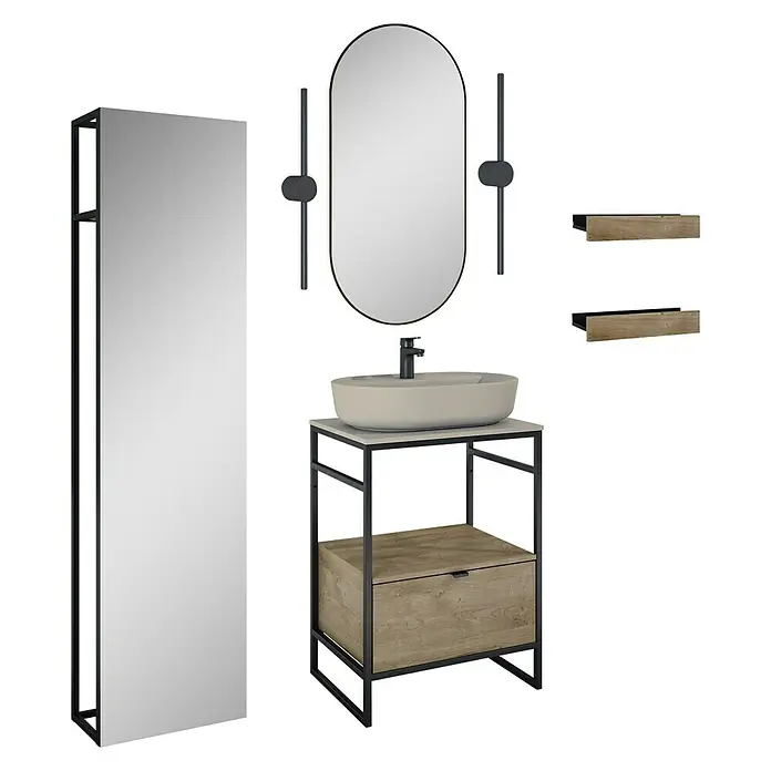 Inspira Badmöbel-Set BL4 - Gesamtbreite Badmöbel: 62 cm, Fume/Canela Oak/Black, Matt, 11 -tlg. - Badezimmer-Set mit einem Waschtischunterschrank in Holzoptik, einem Spiegel und Ablagen mit schwarzen Halterungen.