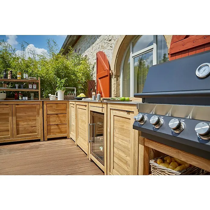 Sunfun Zoe Módulo de cocina exterior Armario con puerta - Marrón, An x Pr x Al: 58 x 63 x 92 cm, Madera de teca - Cocina exterior con parrilla, fregadero y almacenamiento de madera de teca, perfecta para experiencias culinarias al aire libre.