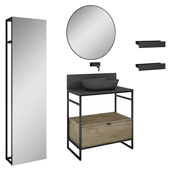 Inspira Badmöbel-Set BM1 - Gesamtbreite Badmöbel: 80 cm, Anthracite/Canela Oak/Black, Matt, 10 -tlg. - Diagonale Ansicht