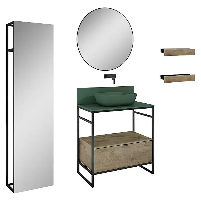 Inspira Badmöbel-Set BM2 - Gesamtbreite Badmöbel: 80 cm, Forest Green/Canela Oak/Black, Matt, 10 -tlg. - Diagonale Ansicht