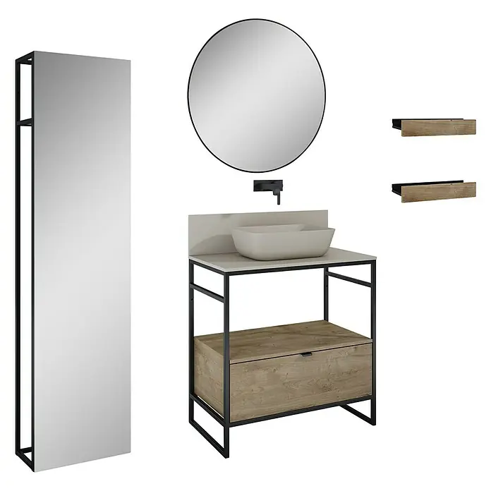 Inspira Badmöbel-Set BM3 - Gesamtbreite Badmöbel: 80 cm, Fume/Canela Oak/Black, Matt, 10 -tlg. - Badezimmer-Set mit einem Waschbeckenunterschrank, Spiegeln und Regalen, das eine moderne und stilvolle Badezimmergestaltung ermöglicht.