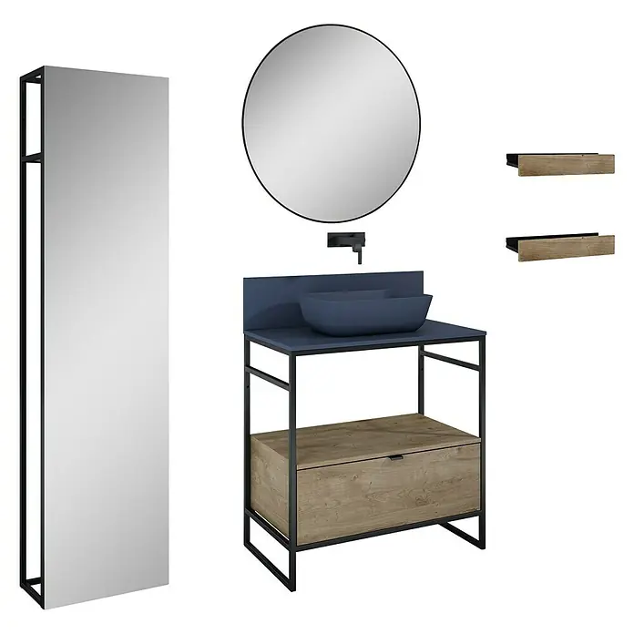 Inspira Badmöbel-Set BM4 - Gesamtbreite Badmöbel: 80 cm, Navy Blue/Canela Oak/Black, Matt, 10 -tlg. - Badezimmer-Set mit Spiegel, Waschtisch mit Waschbecken, Armatur und Regalen für ein stilvolles und modernes Badambiente.