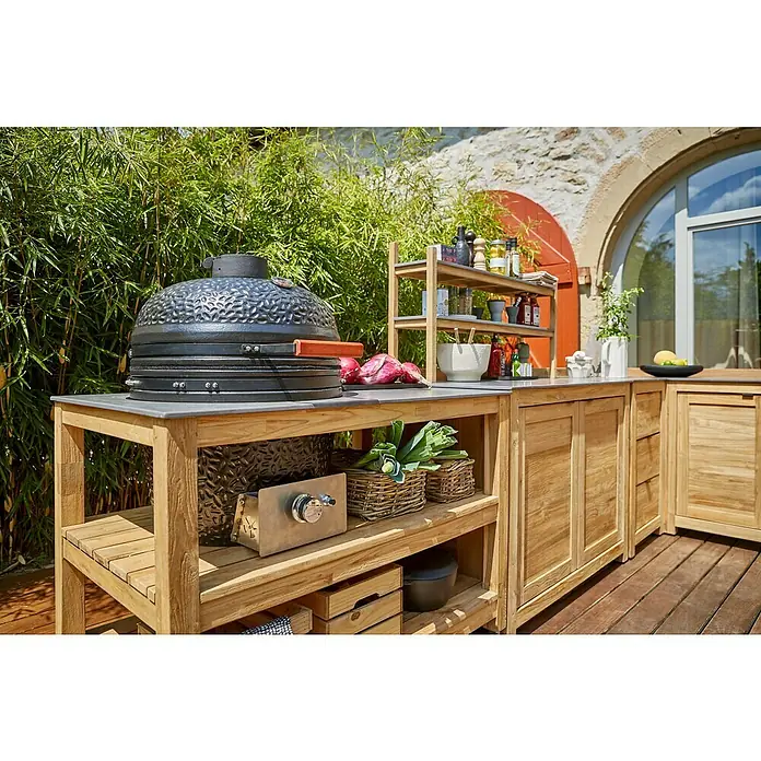 Sunfun Zoe Outdoorküchen-Modul Kamado - Braun, B x T x H: 120 x 71,5 x 89 cm, Teakholz - Die Outdoor-Küche mit Grill bietet eine Kochstelle im Freien mit viel Stauraum und Arbeitsfläche.