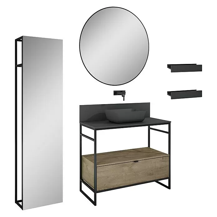 Inspira Badmöbel-Set BN1 - Gesamtbreite Badmöbel: 100 cm, Anthracite/Canela Oak/Black, Matt, 10 -tlg. - Diagonale Ansicht