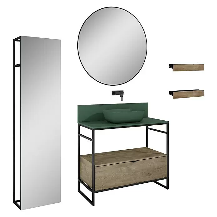 Inspira Badmöbel-Set BN2 - Gesamtbreite Badmöbel: 100 cm, Forest Green/Canela Oak/Black, Matt, 10 -tlg. - Diagonale Ansicht