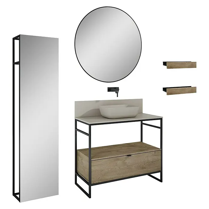 Inspira Badmöbel-Set BN3 - Gesamtbreite Badmöbel: 100 cm, Fume/Canela Oak/Black, Matt, 10 -tlg. - Badezimmer-Set mit Waschtisch, Spiegeln und Regalen. Das Set besticht durch sein modernes Design und seine Funktionalität.