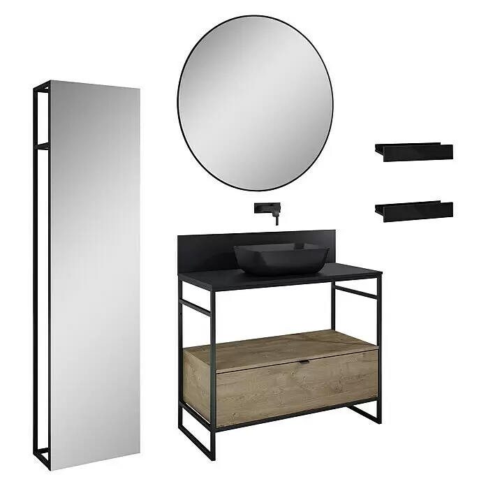Inspira Badmöbel-Set BN5 - Gesamtbreite Badmöbel: 100 cm, Black/Canela Oak, Matt, 10 -tlg. - Diagonale Ansicht