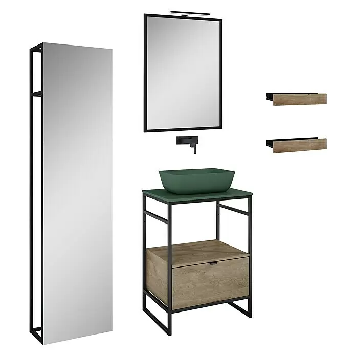 Inspira Badmöbel-Set CA2 - Gesamtbreite Badmöbel: 60 cm, Forest Green/Canela Oak/Black, Matt, 9 -tlg. - Diagonale Ansicht