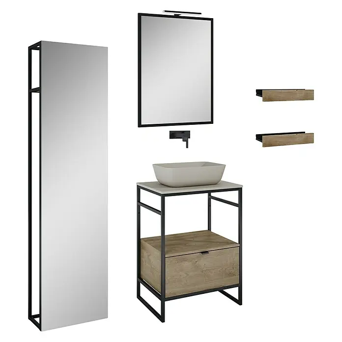 Inspira Badmöbel-Set CA3 - Gesamtbreite Badmöbel: 60 cm, Fume/Canela Oak/Black, Matt, 9 -tlg. - Stylisches Badezimmerset mit Waschtisch, Spiegel und Regalen in modernem Design mit schwarzem Metallgestell und Holzdetails.