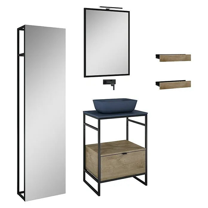 Inspira Badmöbel-Set CA4 - Gesamtbreite Badmöbel: 60 cm, Navy Blue/Canela Oak/Black, Matt, 9 -tlg. - Badezimmer-Ensemble mit Waschbecken, Spiegel und Regalen. Moderner Stil mit klaren Linien und natürlichen Materialien.