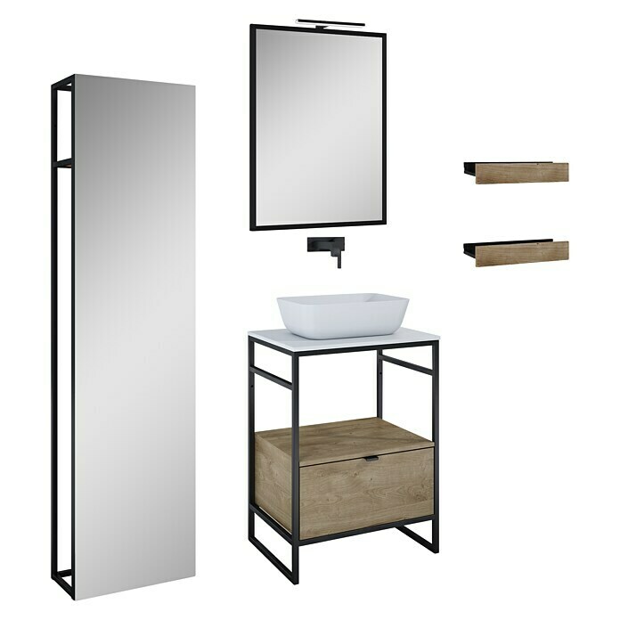 Inspira Badmöbel-Set CA6 (9 -tlg., 60 cm, Stone/Canela Oak/Black, Matt)