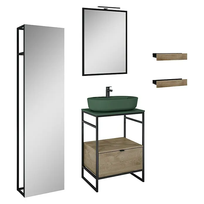 Inspira Badmöbel-Set CB2 - Gesamtbreite Badmöbel: 62 cm, Forest Green/Canela Oak/Black, Matt, 9 -tlg. - Badezimmerset mit Waschtisch, Spiegel und Regalen. Das Set zeichnet sich durch ein modernes Design mit schwarzen Metallrahmen und Holzoberflächen aus.