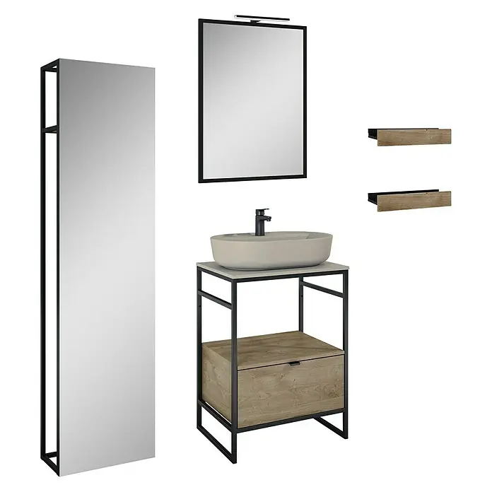 Inspira Badmöbel-Set CB3 - Gesamtbreite Badmöbel: 62 cm, Fume/Canela Oak/Black, Matt, 9 -tlg. - Badezimmer-Set mit Waschbecken, Spiegel, Schrank und Regalen in modernem Design.