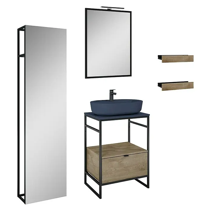 Inspira Badmöbel-Set CB4 - Gesamtbreite Badmöbel: 62 cm, Navy Blue/Canela Oak/Black, Matt, 9 -tlg. - Badezimmer-Set mit Spiegel, Waschtischunterschrank, Aufsatzwaschbecken und Regalen für ein modernes Badezimmerdesign.