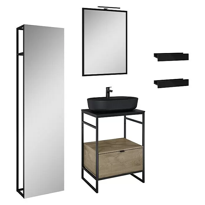 Inspira Badmöbel-Set CB5 - Gesamtbreite Badmöbel: 62 cm, Black/Canela Oak, Matt, 9 -tlg. - Diagonale Ansicht