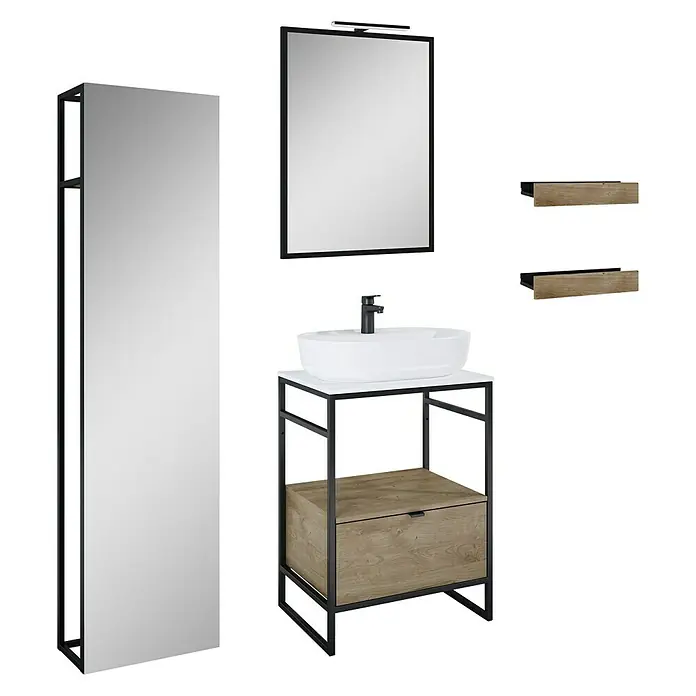 Inspira Badmöbel-Set CB7 - Gesamtbreite Badmöbel: 62 cm, White/Canela Oak/Black, Matt, 9 -tlg. - Elegantes Badezimmerset mit Waschtischunterschrank, Spiegel und Regalen in modernem Design für ein stilvolles Ambiente.