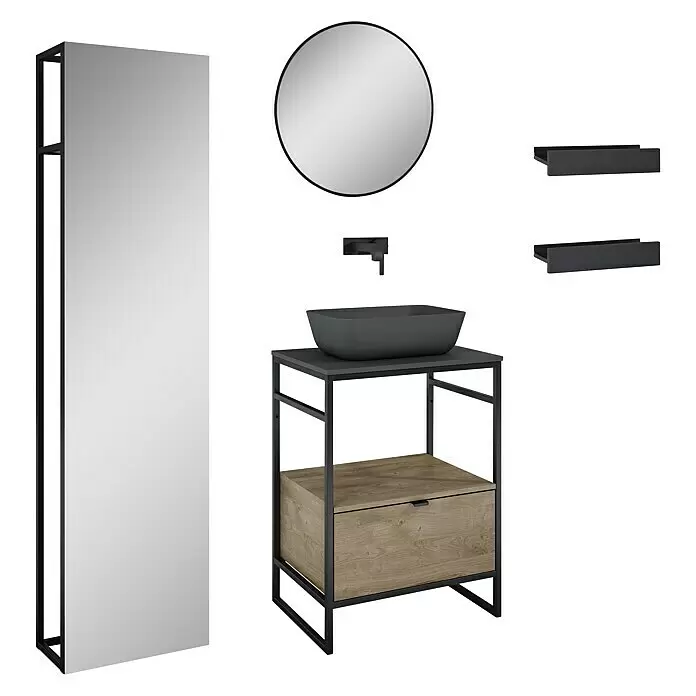 Inspira Badmöbel-Set CC1 - Gesamtbreite Badmöbel: 60 cm, Anthracite/Canela Oak/Black, Matt, 9 -tlg. - Diagonale Ansicht