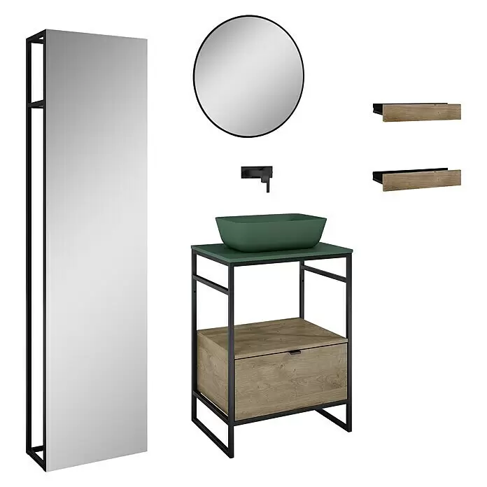 Inspira Badmöbel-Set CC2 - Gesamtbreite Badmöbel: 60 cm, Forest Green/Canela Oak/Black, Matt, 9 -tlg. - Diagonale Ansicht