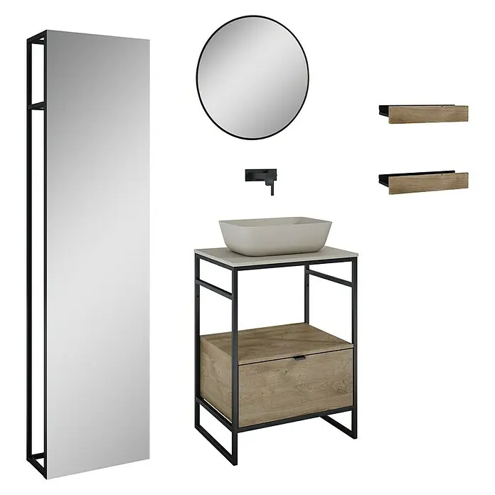 Inspira Badmöbel-Set CC3 - Gesamtbreite Badmöbel: 60 cm, Fume/Canela Oak/Black, Matt, 9 -tlg. - Badezimmer-Set mit Waschbecken, Spiegel, Schränken und Armatur für ein stilvolles und modernes Badezimmerdesign.