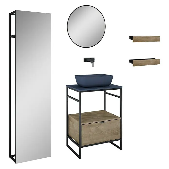 Inspira Badmöbel-Set CC4 - Gesamtbreite Badmöbel: 60 cm, Navy Blue/Canela Oak/Black, Matt, 9 -tlg. - Badezimmerensemble mit einem Waschtischunterschrank mit Schublade, Spiegel und zwei Regalen in Holzoptik.