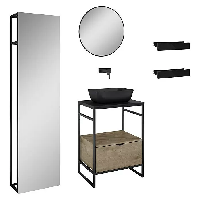 Inspira Badmöbel-Set CC5 - Gesamtbreite Badmöbel: 60 cm, Black/Canela Oak, Matt, 9 -tlg. - Diagonale Ansicht