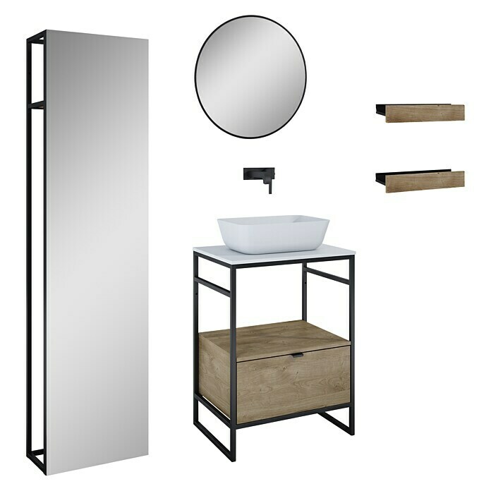 Inspira Badmöbel-Set CC6 (9 -tlg., 60 cm, Stone/Canela Oak/Black, Matt)