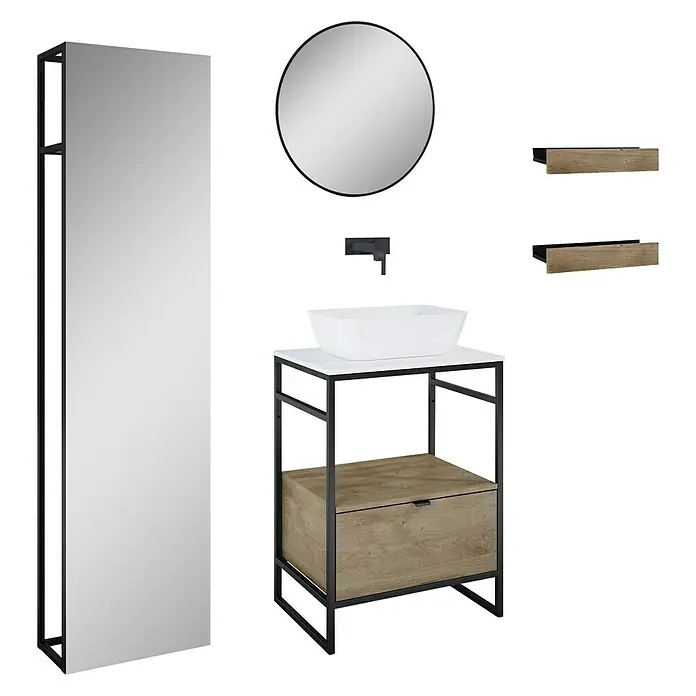 Inspira Badmöbel-Set CC7 - Gesamtbreite Badmöbel: 60 cm, White/Canela Oak/Black, Matt, 9 -tlg. - Ein modernes Badezimmerset mit einem Waschtischunterschrank, einem runden Spiegel und zusätzlichen Regalen.