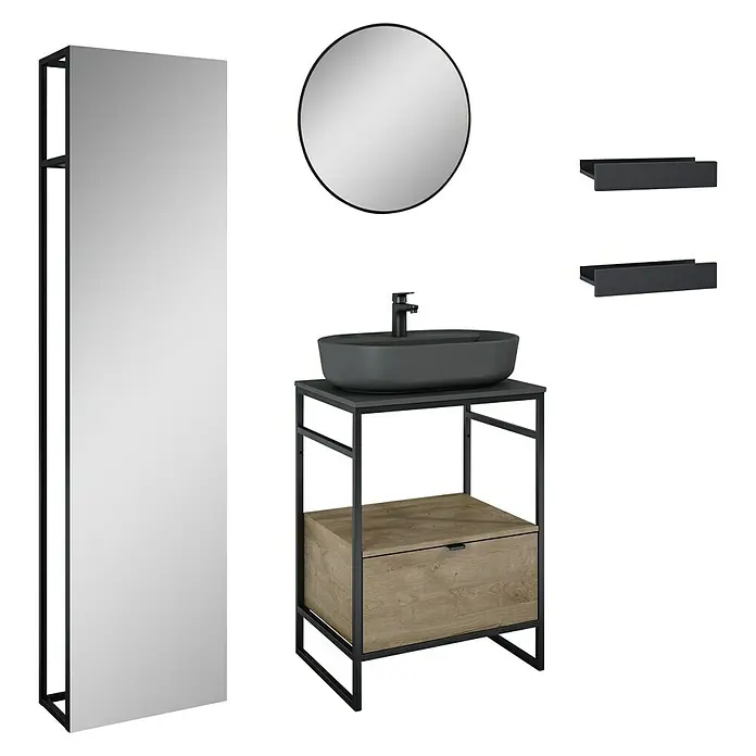 Inspira Badmöbel-Set CD1 - Gesamtbreite Badmöbel: 62 cm, Anthracite/Canela Oak/Black, Matt, 9 -tlg. - Badezimmer-Set mit Waschtischunterschrank, Aufsatzwaschbecken, Spiegel und Ablagen in Schwarz und Holz für ein modernes Ambiente.
