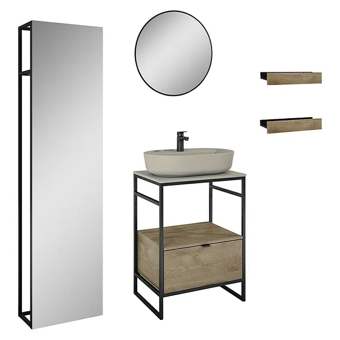 Inspira Badmöbel-Set CD3 - Gesamtbreite Badmöbel: 62 cm, Fume/Canela Oak/Black, Matt, 9 -tlg. - Ein modernes Badezimmer-Set mit einem Waschbeckenunterschrank, Spiegeln und Regalen, perfekt für stilvolle Badezimmer.