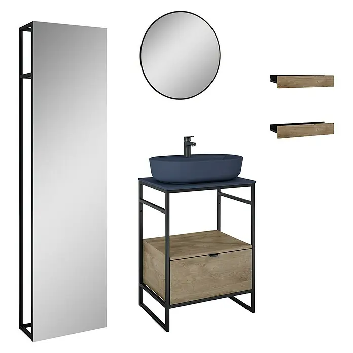 Inspira Badmöbel-Set CD4 - Gesamtbreite Badmöbel: 62 cm, Navy Blue/Canela Oak/Black, Matt, 9 -tlg. - Ein Badezimmer-Set mit einem Waschtischunterschrank, Spiegel, runden Spiegel und Regalen für ein modernes Badezimmerdesign.