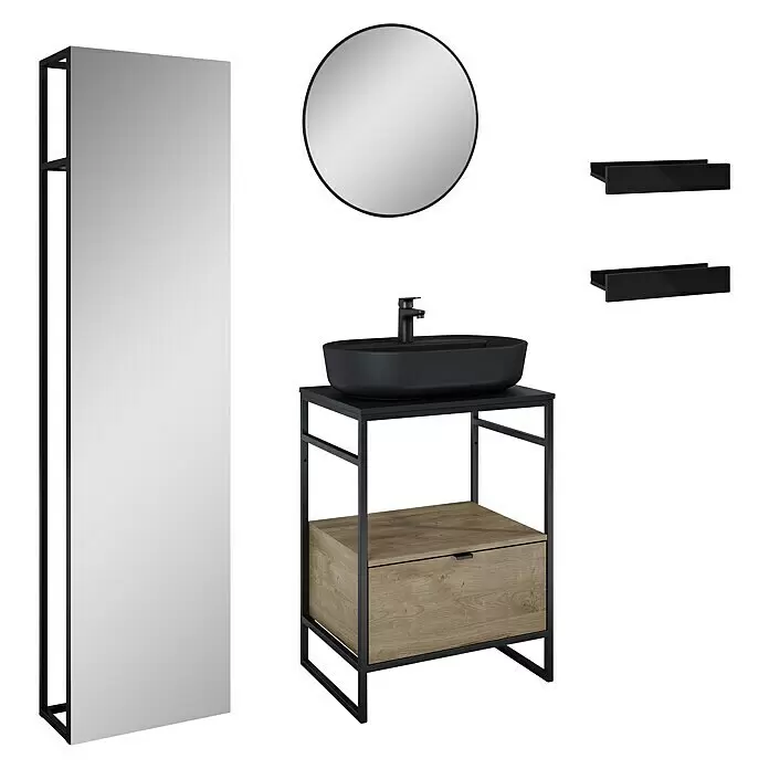 Inspira Badmöbel-Set CD5 - Gesamtbreite Badmöbel: 62 cm, Black/Canela Oak, Matt, 9 -tlg. - Diagonale Ansicht
