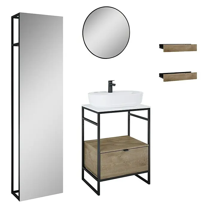Inspira Badmöbel-Set CD7 - Gesamtbreite Badmöbel: 62 cm, White/Canela Oak/Black, Matt, 9 -tlg. - Modernes Badezimmerset mit Spiegel, Waschtischunterschrank, Aufsatzwaschbecken und Regalen für ein stilvolles Badezimmer.
