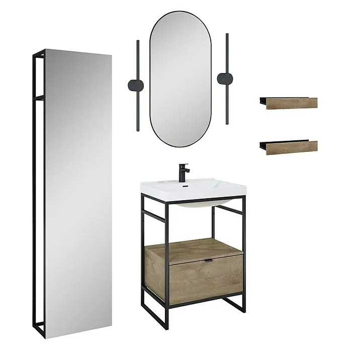 Inspira Badmöbel-Set DA2 - 9 -tlg., 60 cm, White/Canela Oak/Black, Form: Oval - Badezimmerset mit Waschtischunterschrank, Spiegel, Leuchten und Regalen für ein modernes Ambiente im Bad.