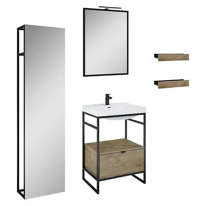 Inspira Badmöbel-Set DB1 - 7 -tlg., 60 cm, White/Canela Oak/Black, Form: Rechteckig - Badezimmer-Set mit Waschbeckenunterschrank, Spiegelschrank, Spiegelsäule und Regalen für ein stilvolles und funktionales Bad.