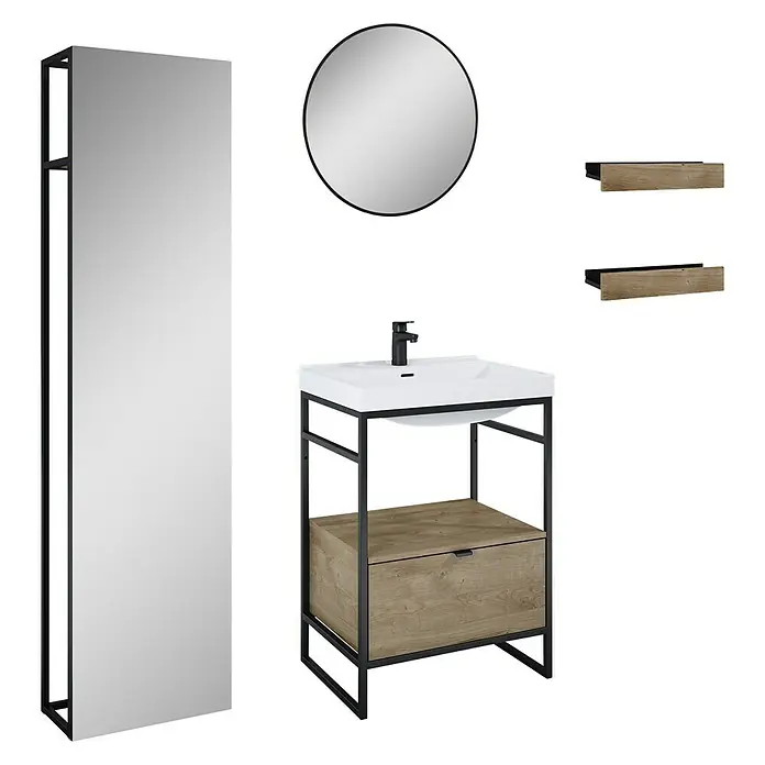 Inspira Badmöbel-Set DB2 - 7 -tlg., 60 cm, White/Canela Oak/Black, Form: Rund - Badezimmerset mit Waschtisch, Spiegel und Regalen in modernem Design. Das Set bietet stilvollen Stauraum für jedes Badezimmer.